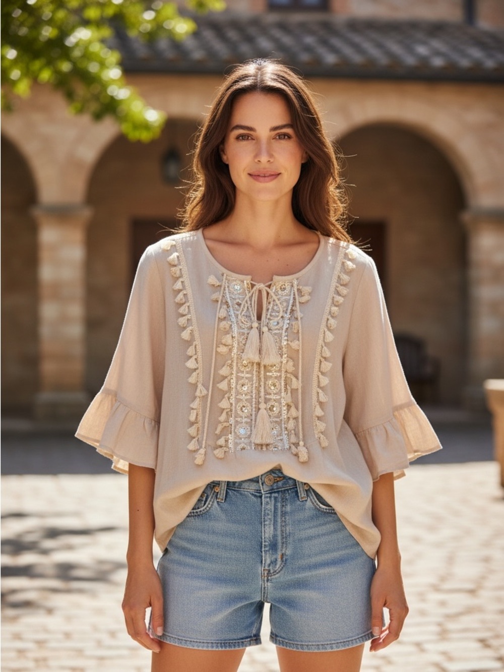 BloomChic Beige Embroidered Tassel Boho Tunic Bell 3/4 Sleeves Scoop Neck 22-24